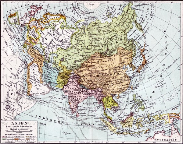 German map of Europe; Russia and Asia dated to 1890.