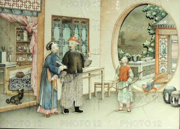 Plaque depicting scene from a home in Canton