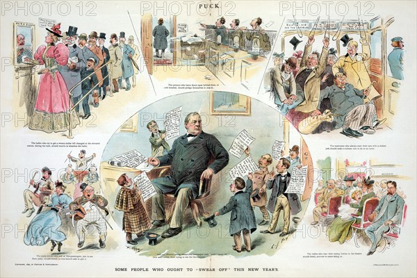 Cartoon with President Cleveland at the centre hounded by newspaper reporters