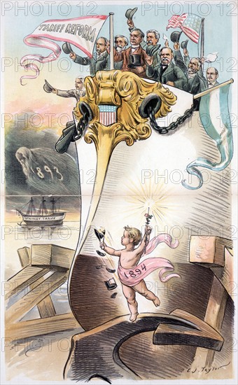 a cherub labelled '1894' smashing a bottle of champagne