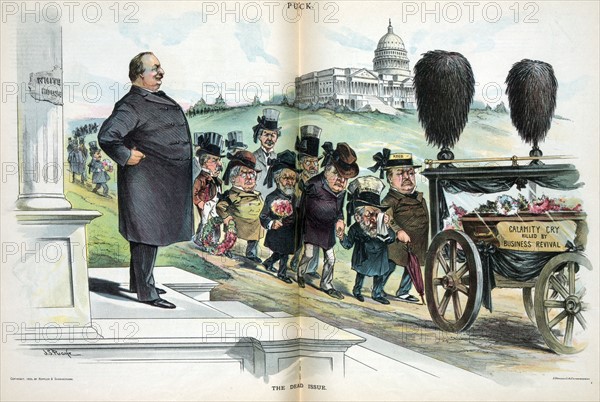 President Cleveland standing on the steps of the 'White House', watching a funeral procession