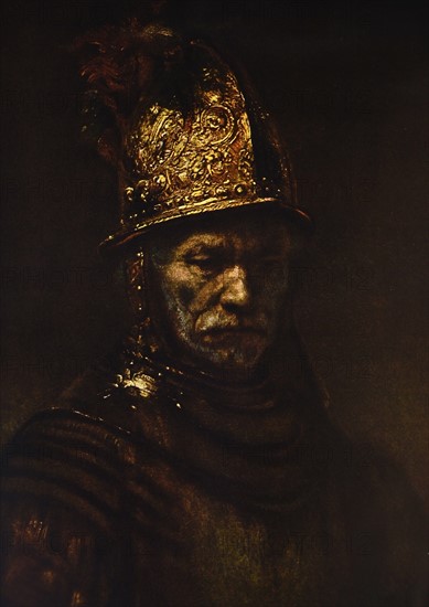 Portrait of an unknown male wearing a golden helmet.
