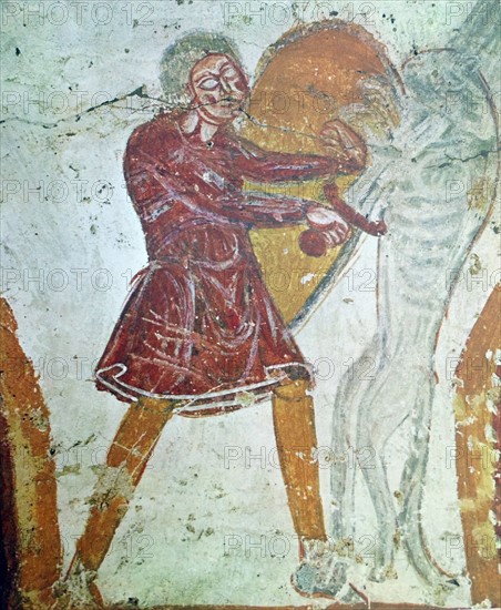 Fresco of St. David felling the lion.