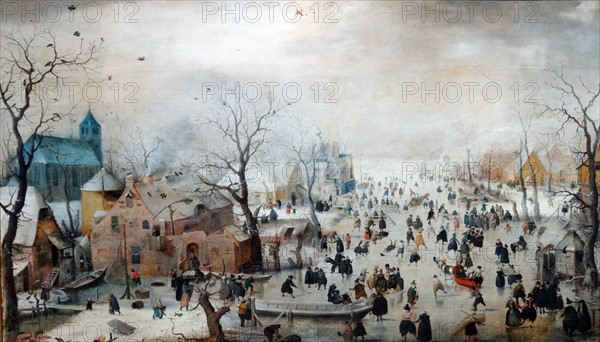 Painting of a winter landscape with Ice Skaters