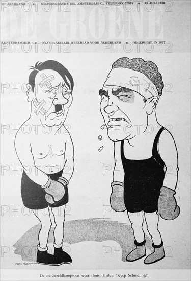 Cartoon of Adolf Hitler in a boxing match with Joe Louis