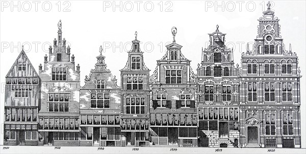 Drawing showing architectural transition of styles of houses from 1500-1620