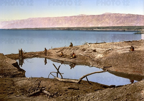 Colour photograph of explorers and the Beduin Arab guides visiting the Dead Sea