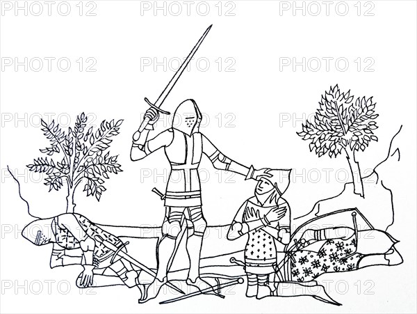 Line drawing of a Knight receiving the accolade on the field of battle