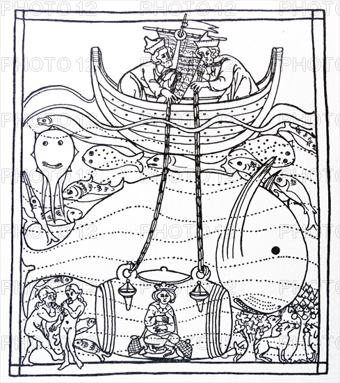 Mediaeval line drawing of Alexander the Great descending to the bottom of the sea in a glass barrel