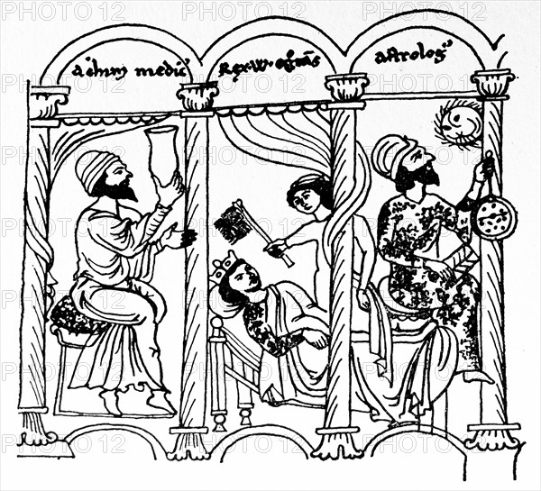 Line drawing of William of Sicily being treated by his Arab doctor and astrologer