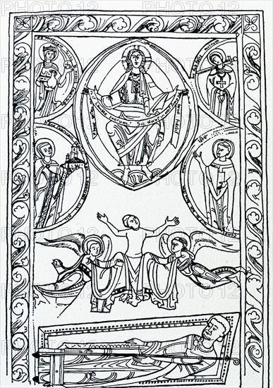 Line drawing of the Pious death of Abbot Lambert