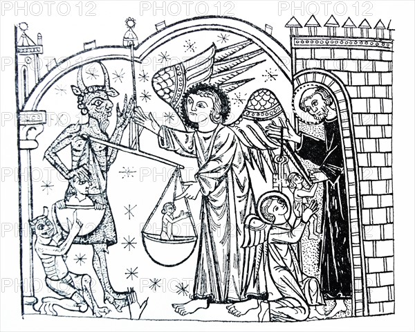 Line drawing depicting the weighing of souls