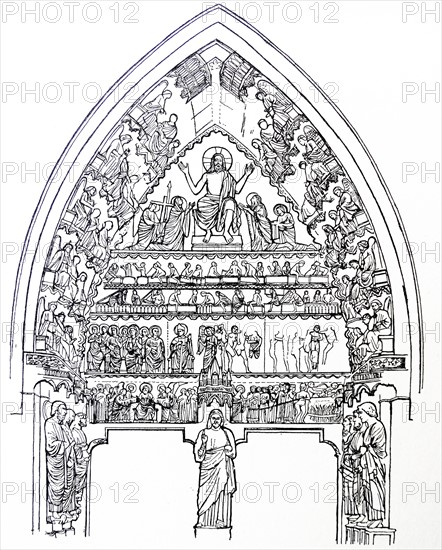 Line drawing of the Last Judgement tympanum at Rheims