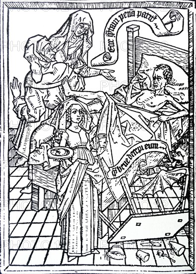 Plate from a block-book illustrating sin of impatience (the folly of man)