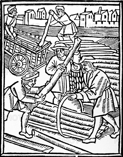 Woodcut depicting the loading of stave timber.