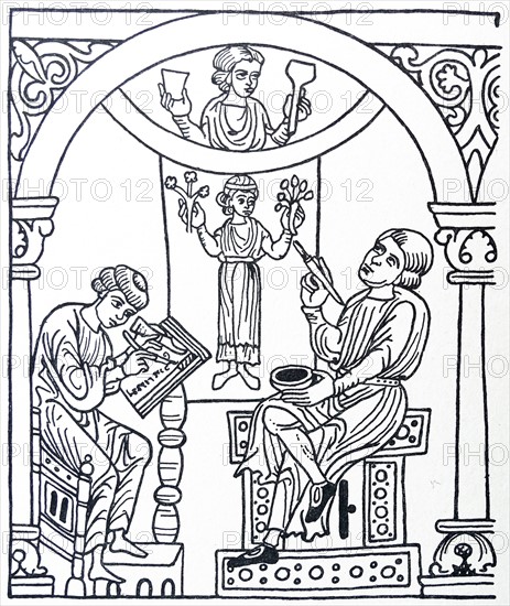 Line drawing of a mural painter painting