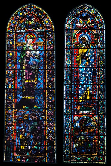 windows from Chartres Cathedral, France. Show the virgin Mary and Christ (left) and St James (right);