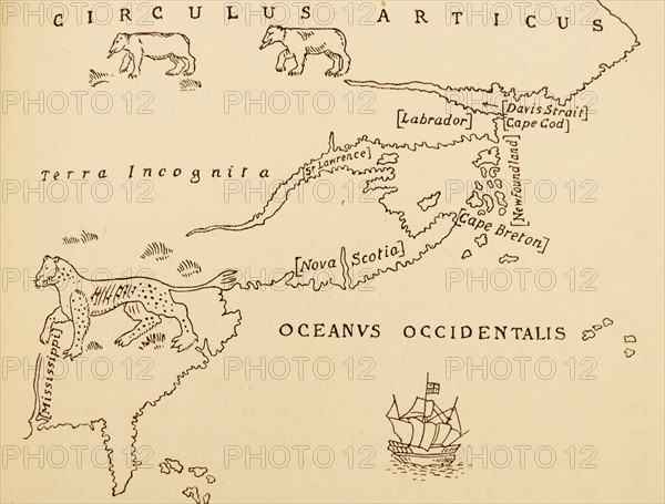 Part of North America, showing Sebastian Cabot's voyage to Newfoundland.