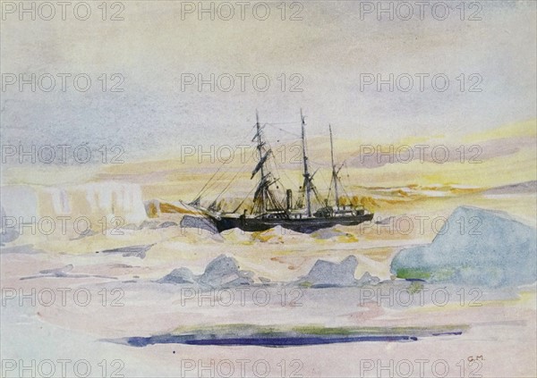 Shackleton's ship, the Nimrod, among the ice in McMurdo's Sound, the winter land quarter of the British Antarctic Expedition.