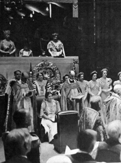 Queen Elizabeth (the Queen Mother) with her two daughters at the coronation of King George 1937