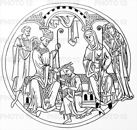 Roundel depicting a Novice receiving the tonsure