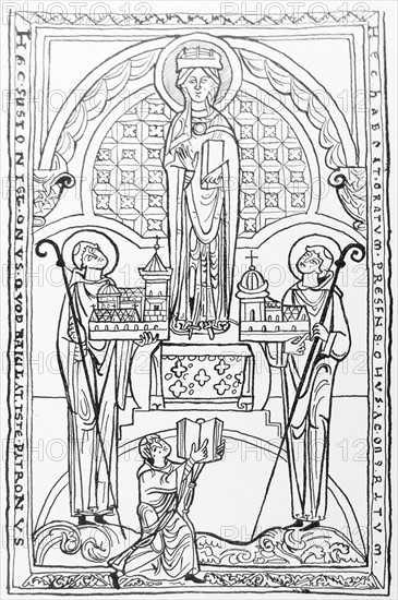 Line drawing of Stephen Harding, abbot of Citeaux, and the abbot of St-Vaast
