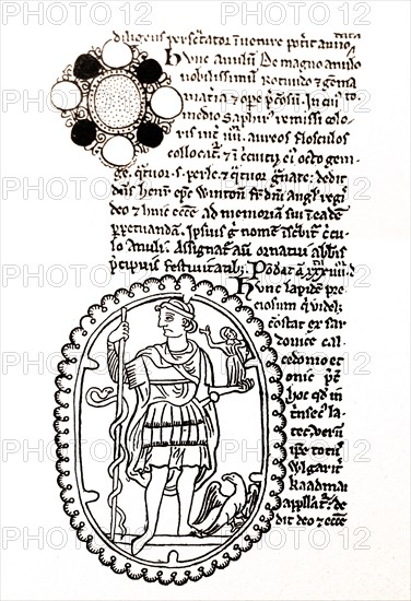Illustration of a jewels from the treasury of St Albans Abbey and annotation.