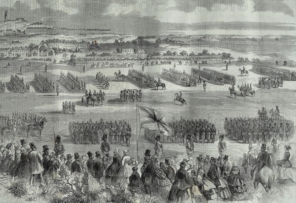 A military review of British soldiers in Scotland, at Edinburgh attended by Queen Victoria 1860