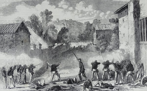 Sicilian skirmishers attacking the advance posts of the Neapolitans on the left flank at Melazzo.