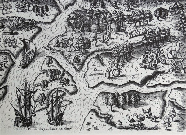 Illustration depicting a French expedition arriving in Florida in the 1560s