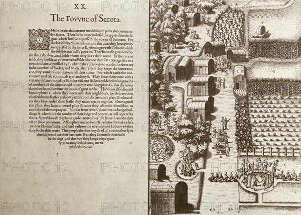 The Towne of Secot, engraving, 1590, from a watercolour drawing by John White (English, c. 1540-c. 1593),