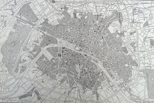 19th Century Map of Paris with the River Seine depicted