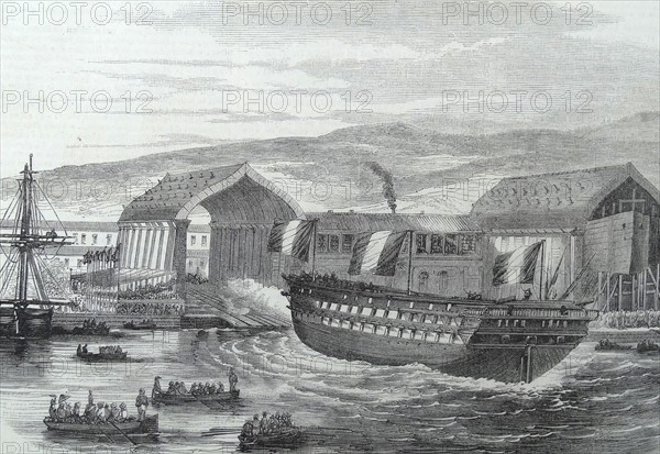 Illustration depicting a French ship being launched from a dock