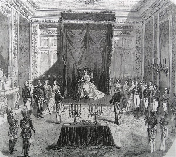 Illustration depicting receipt of the Duchess of Brabant on the border of Belgium at the castle of Viscountess Biolley