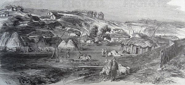 Illustration depicting of a village of Tatars