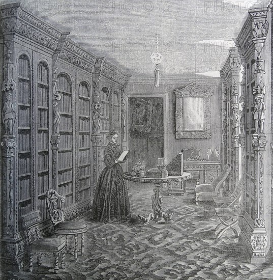 Illustration of a wealthy woman reading a book in her library