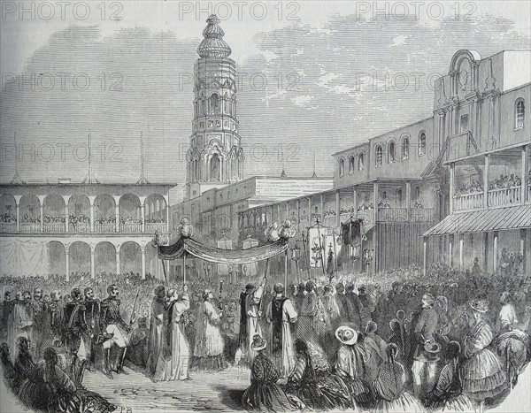 Illustration depicting a religious procession on the Plaza Mayor, Lima