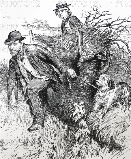 Illustration from a book depicting a tramp walking his dog through a ditch