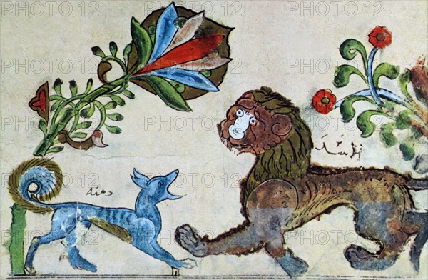 Arab illustration of theJackal Dimnah and the lion Pingalaka; at the lake, is one of the Panchatantra