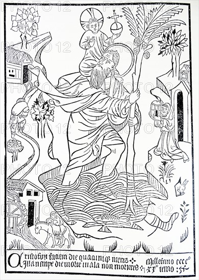 Woodcut print of St Christopher, from Buxheim on the Upper Rhine, dated 1423.