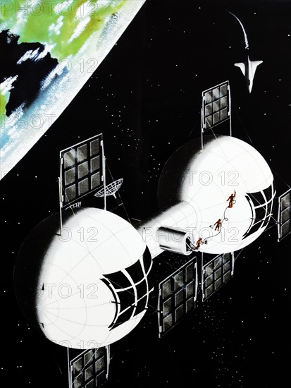 A futuristic view of how a space station might be constructed 1948