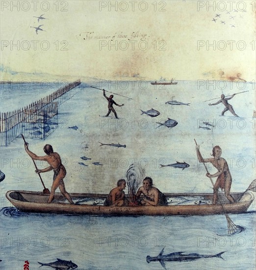 Watercolour drawing 'Indians Fishing' by John White (created 1585-1586).