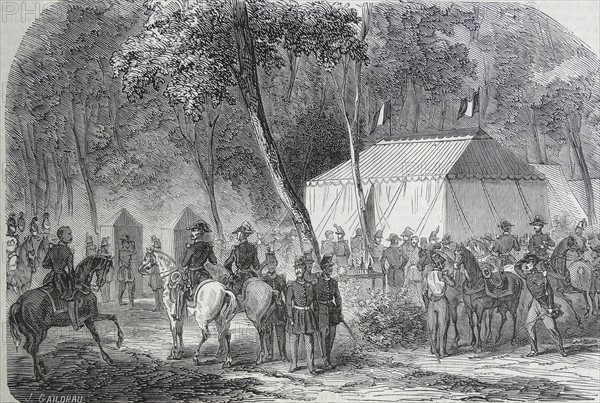 Illustration depicting the encampment of Saint-German-en-Laye, in the forest of Vésinet