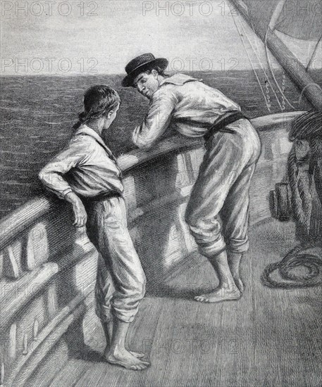 Illustration from a book depicting a young boy talking with a crew member of the ship