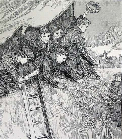Illustration from a book depicting young boys popping out of their shelter to say hello to a passing woman