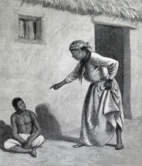 Illustration from a book depicting a young black boy sitting outside of a black woman's home