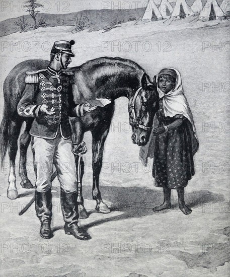 Illustration from a book depicting a young Arab girl selling her horse to a French soldier