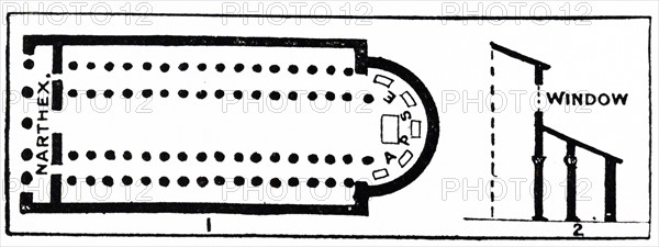 Illustration from a book depicting a basic plan for a typical Basilica and a semi-circular window