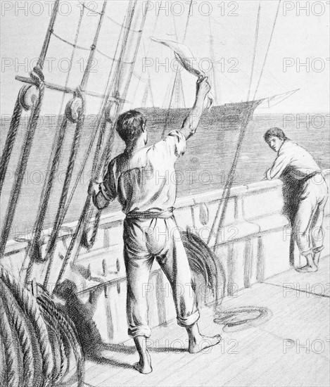 Illustration from a book depicting a crew member waving to a passing ship