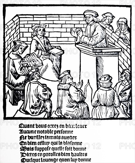 Woodcut depicting the doctrinal court, Geneva 1525